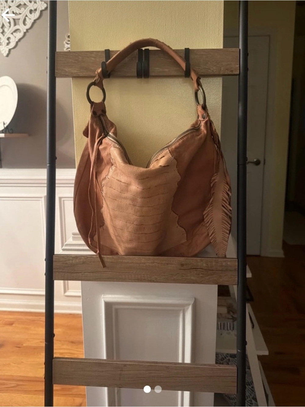 Slouchy Tan Leather Hobo with Fringe and Ring Handle made in Italy